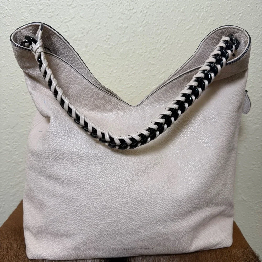 Rebecca Minkoff Chain Hobo Bag Cream Leather Handle Side Zippers‎ Quiet Luxury